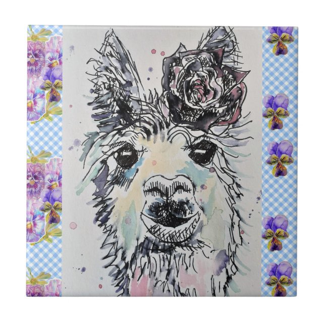 Azulejo Cuto Alpacca Llama Acuarela Floral Tile Cerámico (Frente)