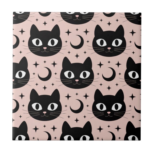 Azulejo Cuto de gatos negros y celebración de Halloween (Frente)