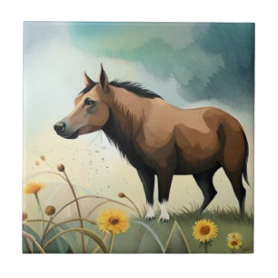 Azulejo Cuto pony marrón en el campo floral