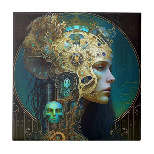 Azulejo Cyborg Woman Fantasy Ficción cerámica de arte Sci- (Frente)