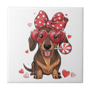 Azulejo Dachshund Adorable Con Gafas De Corazón Y Lunares
