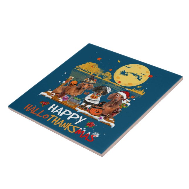 Azulejo Dachshund Happy Hallothanksmas Halloween Thanksgiv (Lado)