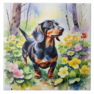 Azulejo Dachshund Perrito Salchicha Lindo Flores de Primav