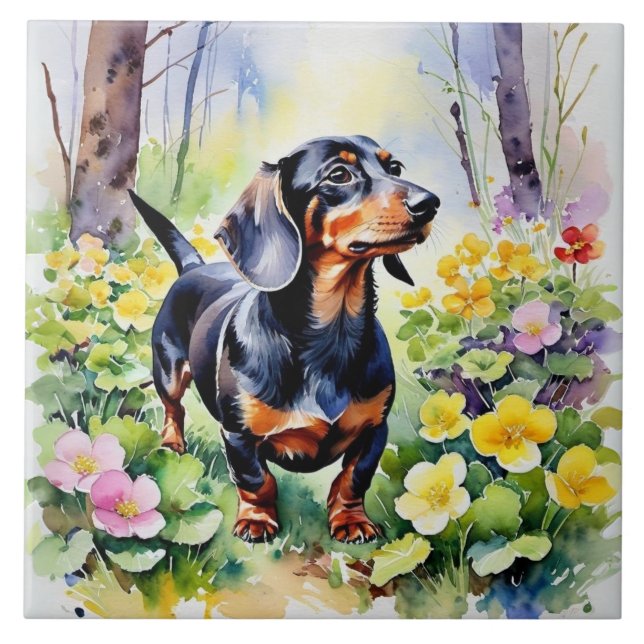 Azulejo Dachshund Perrito Salchicha Lindo Flores de Primav (Frente)
