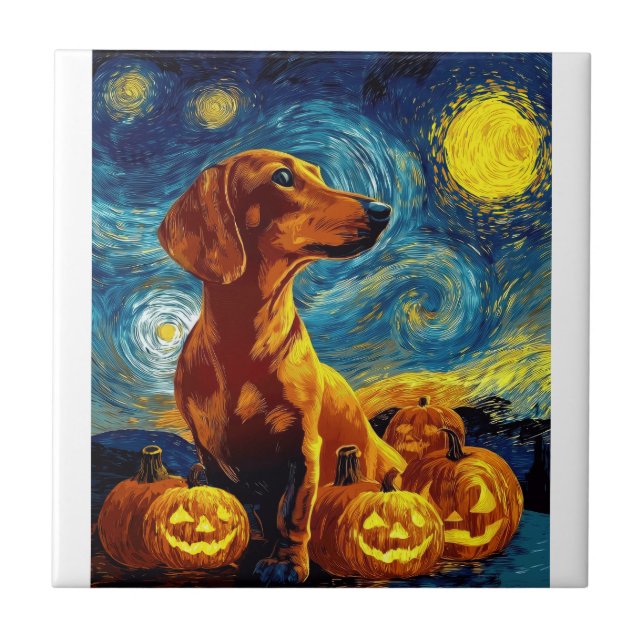Azulejo Dachshund Rojo de la noche estrellada de van gogh  (Frente)