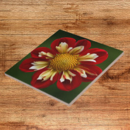 Azulejo Dahlia roja sobre la flor verde