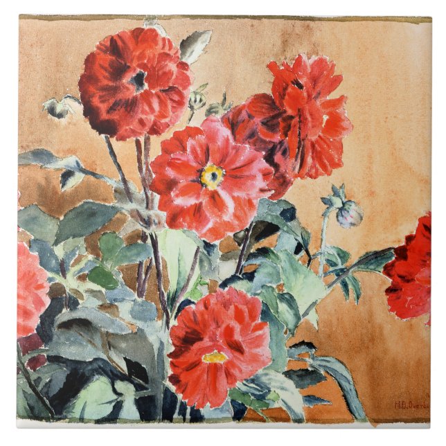 Azulejo Dahlias, pintura acuarela de Hannah Overbeck, (Frente)