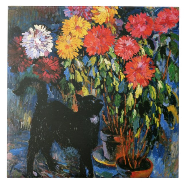Azulejo Dahlias y Gato Negro, pintura artística fina, (Frente)