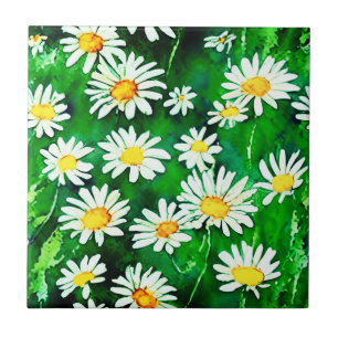 Azulejo Daisies acuarelas en un campo verde