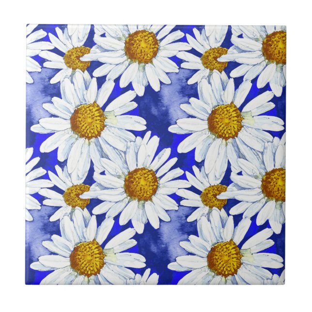 Azulejo Daisies acuarelas sobre el azul denim (Frente)