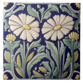 Azulejo Daisies - Flores de Daisy Art Deco Nouveau Azul Ve