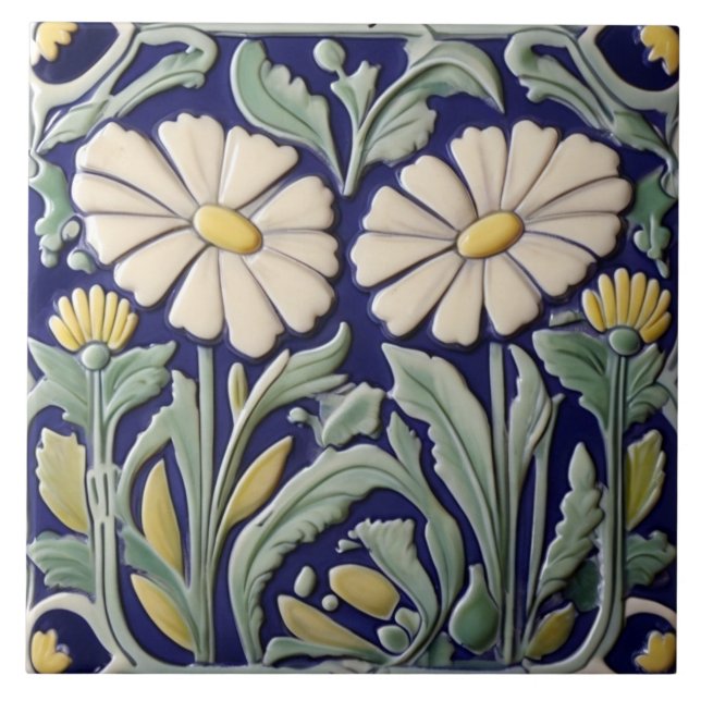 Azulejo Daisies - Flores de Daisy Art Deco Nouveau Azul Ve (Frente)