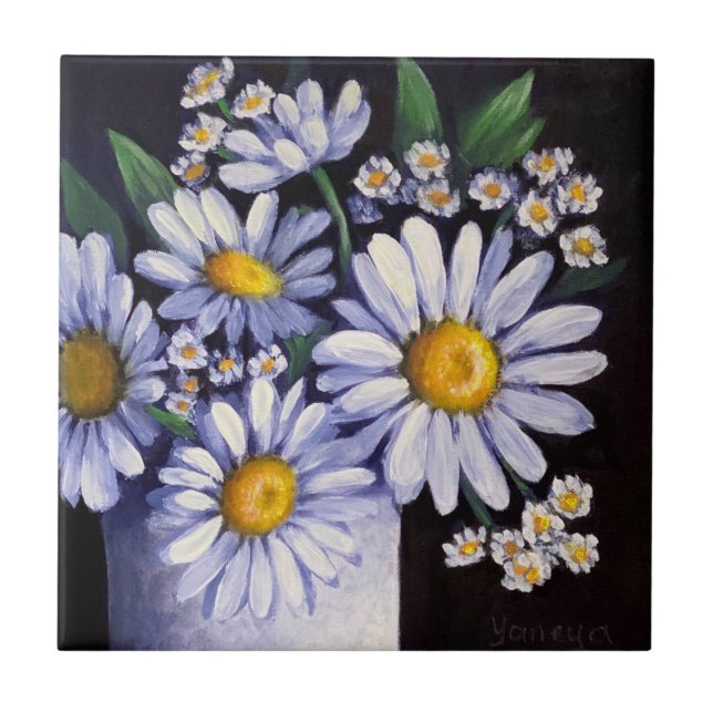 Azulejo Daisies flower ceramic tile coasters (Frente)