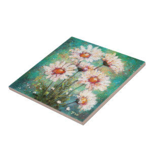 Azulejo Daisies Impresionante Pintura Floral Verde Verde a