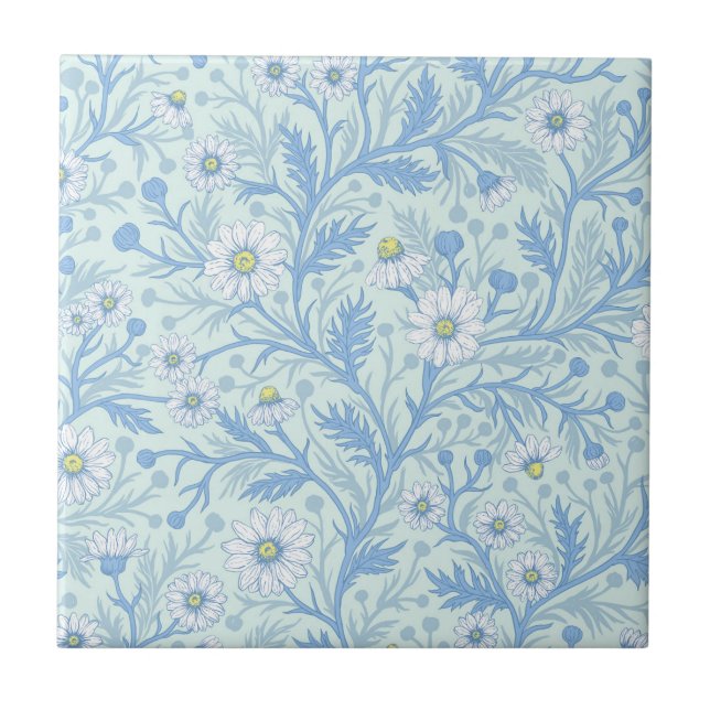 Azulejo Daisies in white and blue on sea glass (Frente)