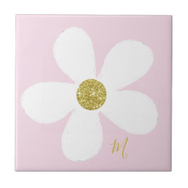 Azulejo Daisy blanco rosado simple oro floral personal