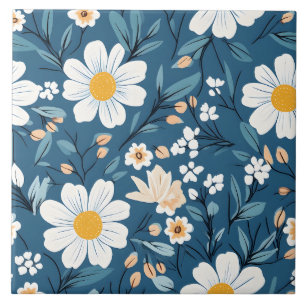 Azulejo Daisy sobre Flor Floral Azul