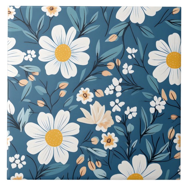 Azulejo Daisy sobre Flor Floral Azul (Frente)