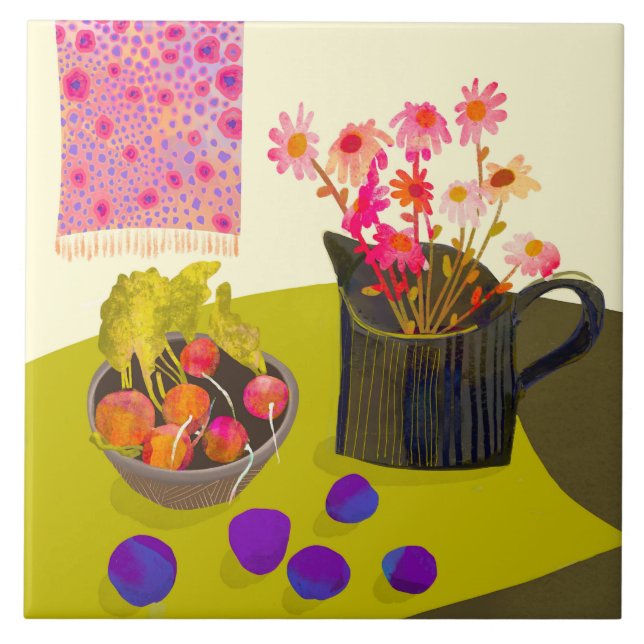 Azulejo Daisy y Radish Kitchen Trivet (Frente)