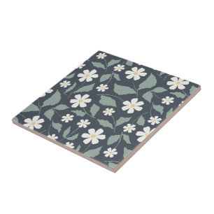 Azulejo Dalia de arte popular en azul oscuro y salvia apag