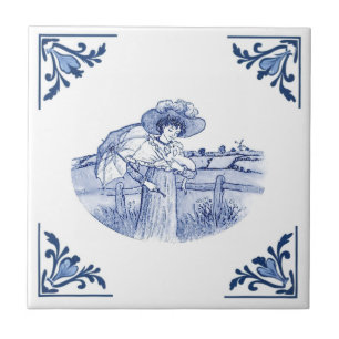 Azulejo Dama Antigüa y Perro Mascota Delft Esquina Azul y