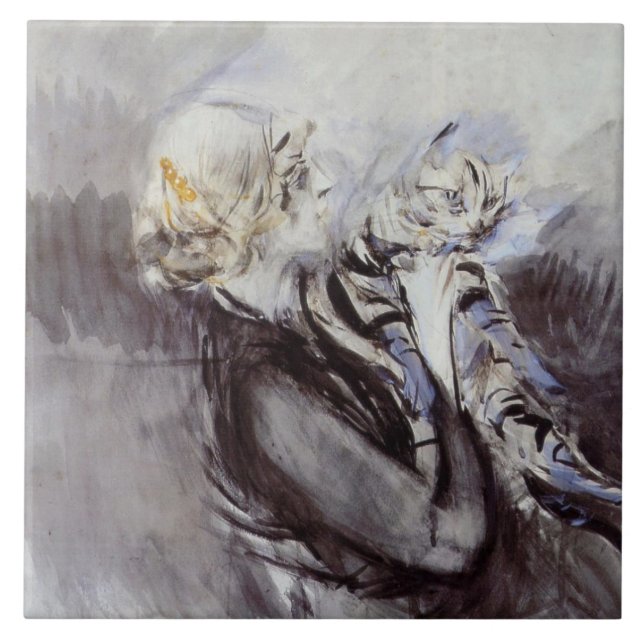 Azulejo Dama con gato gris (por Giovanni Boldini) (Frente)