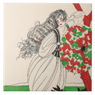 Azulejo DAMA CON UMBRELLA Art Deco Belleza Pelo de Moda