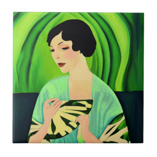 Azulejo Dama de Art Deco con ventilador en verde jade