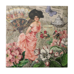 Azulejo Dama de Café Mujer Victoriana Rosa Vestido Rico