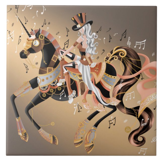 Azulejo Dama de Steampunk y caballo mecánico (Frente)