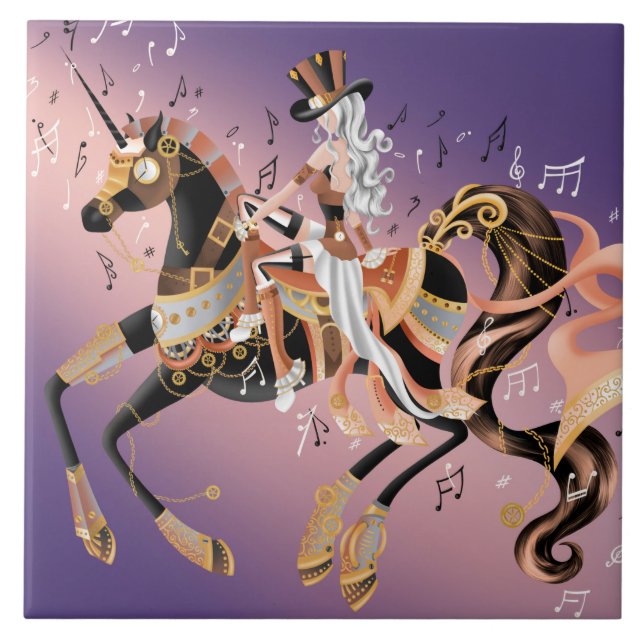 Azulejo Dama de Steampunk y caballo mecánico (Frente)