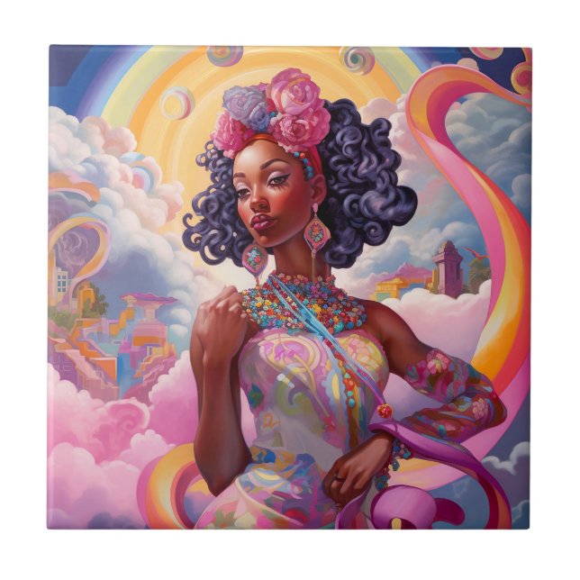 Azulejo Dama De Surreal Mundo Arte Afroamericano Rosa (Frente)