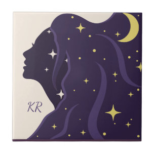 Azulejo Dama del Universo Cósmico Purpura Estrellas Dorada