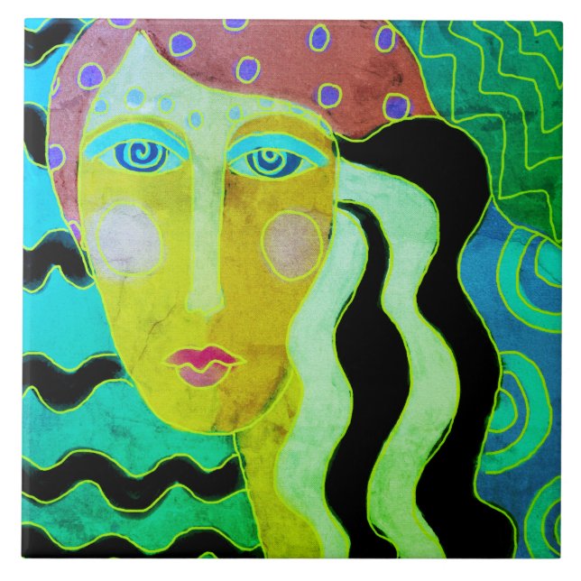 Azulejo Dama Gitana Retrato digital abstracto de una mujer (Frente)