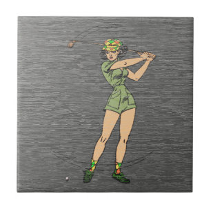 Azulejo Dama Golfista de Cómic Retro