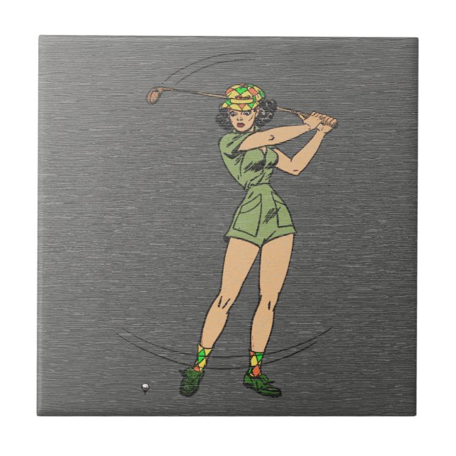 Azulejo Dama Golfista de Cómic Retro (Frente)