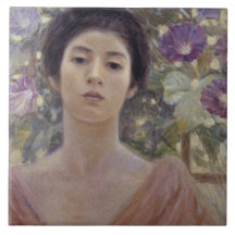 Dama japonesa con flores moradas de gloria