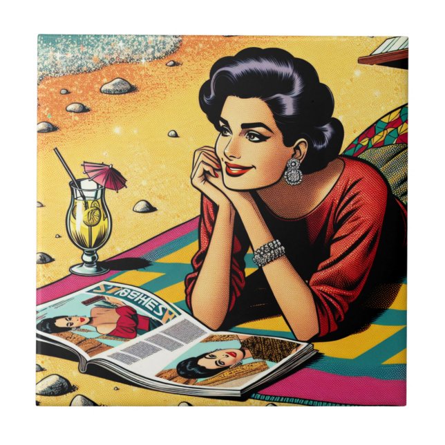 Azulejo Dama Retro en Beach Daydreaming sobre la moda (Frente)