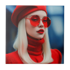 Azulejo Dama rubia en rojo