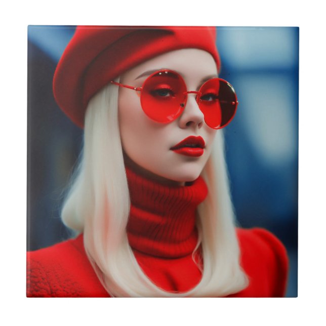 Azulejo Dama rubia en rojo (Frente)
