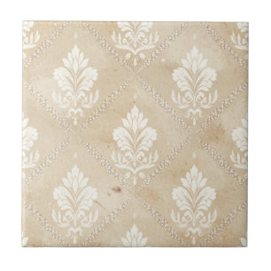 Azulejo Damascado Blanco Antiguo sobre Beige Sepia Deterio