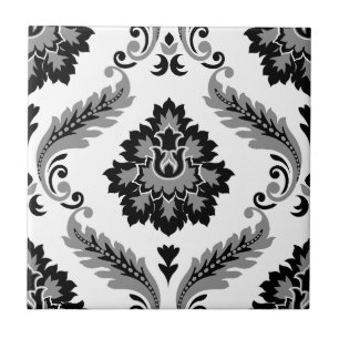 Azulejo Damascado Rococó Patrón Grande Gris Negro Blanco