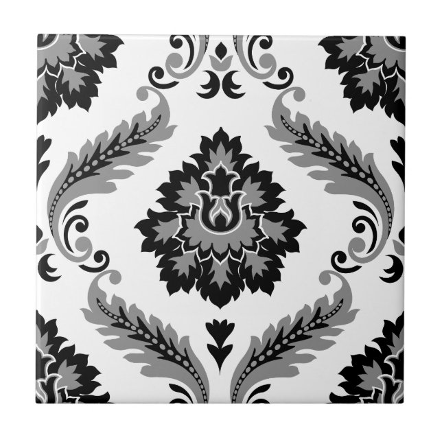 Azulejo Damascado Rococó Patrón Grande Gris Negro Blanco (Frente)