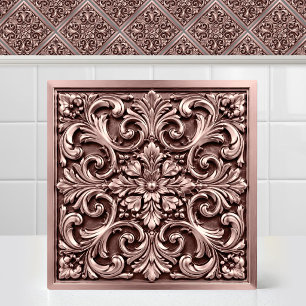 Azulejo Damascado Victoriano Realzado con Patrón Rosa Dora