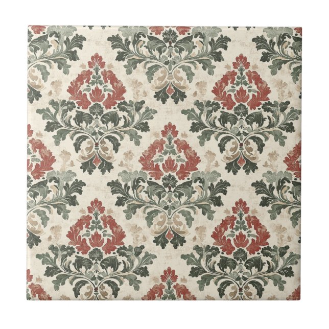 Azulejo Damasco Antiguo Rojo Verde Beige (Frente)