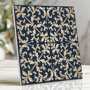 Azulejo Damasco Antiguo Rollo Botánico Azul Marino Dorado