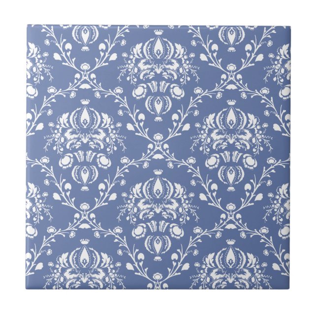 Azulejo Damasco blanco y azul de guijarros (Frente)