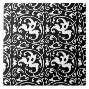 Azulejo Damasco con flores de Ikat - Blanco y negro