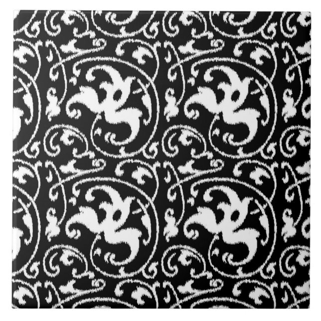 Azulejo Damasco con flores de Ikat - Blanco y negro (Frente)