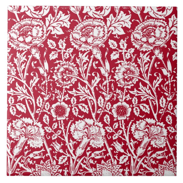 Azulejo Damasco de clavel Art Nouveau, rojo y blanco (Frente)